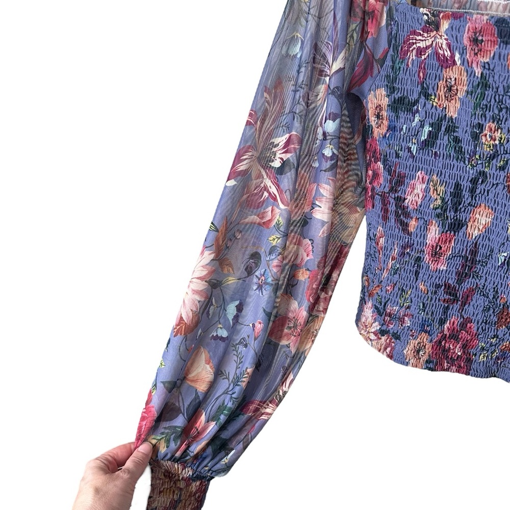 Anthropologie Rouen Smocked Mesh Top Size Medium Purple Floral Cropped - Picture 8 of 13